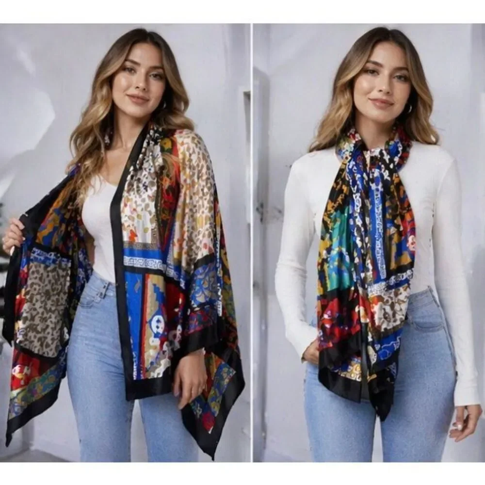Large Multicolor Bohemian Silk Feel Scarf Patchwork Print Oversized Shawl Wrap
